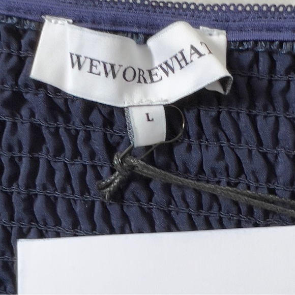 We Wore What Puff Sleeve Organza Diagonal Plaid Babydoll Mini Dress Sz L Navy - Picture 8 of 11